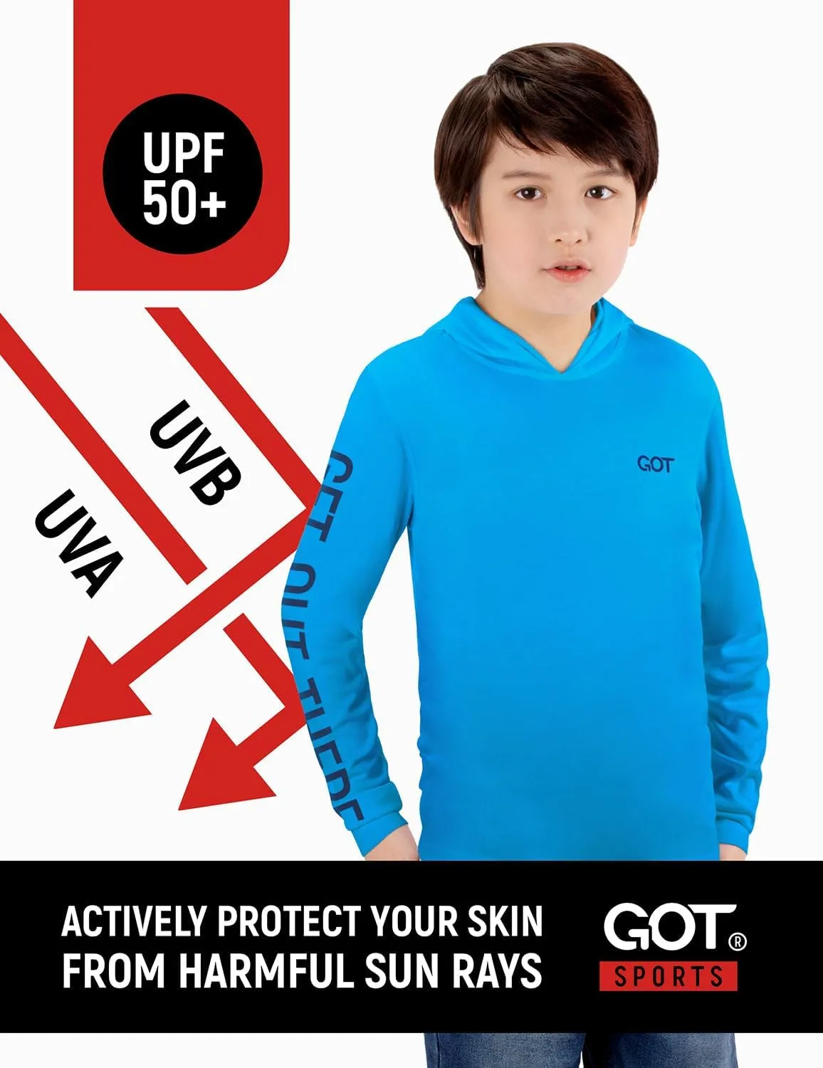 GOT Sports UPF 50  Kids Fishing Hoodie Shirt - UV Sun Protection Long Sleeve T Shirts for Youth Boys Girls