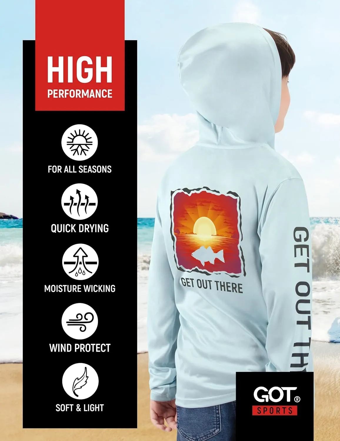 GOT Sports UPF 50  Kids Fishing Hoodie Shirt - UV Sun Protection Long Sleeve T Shirts for Youth Boys Girls