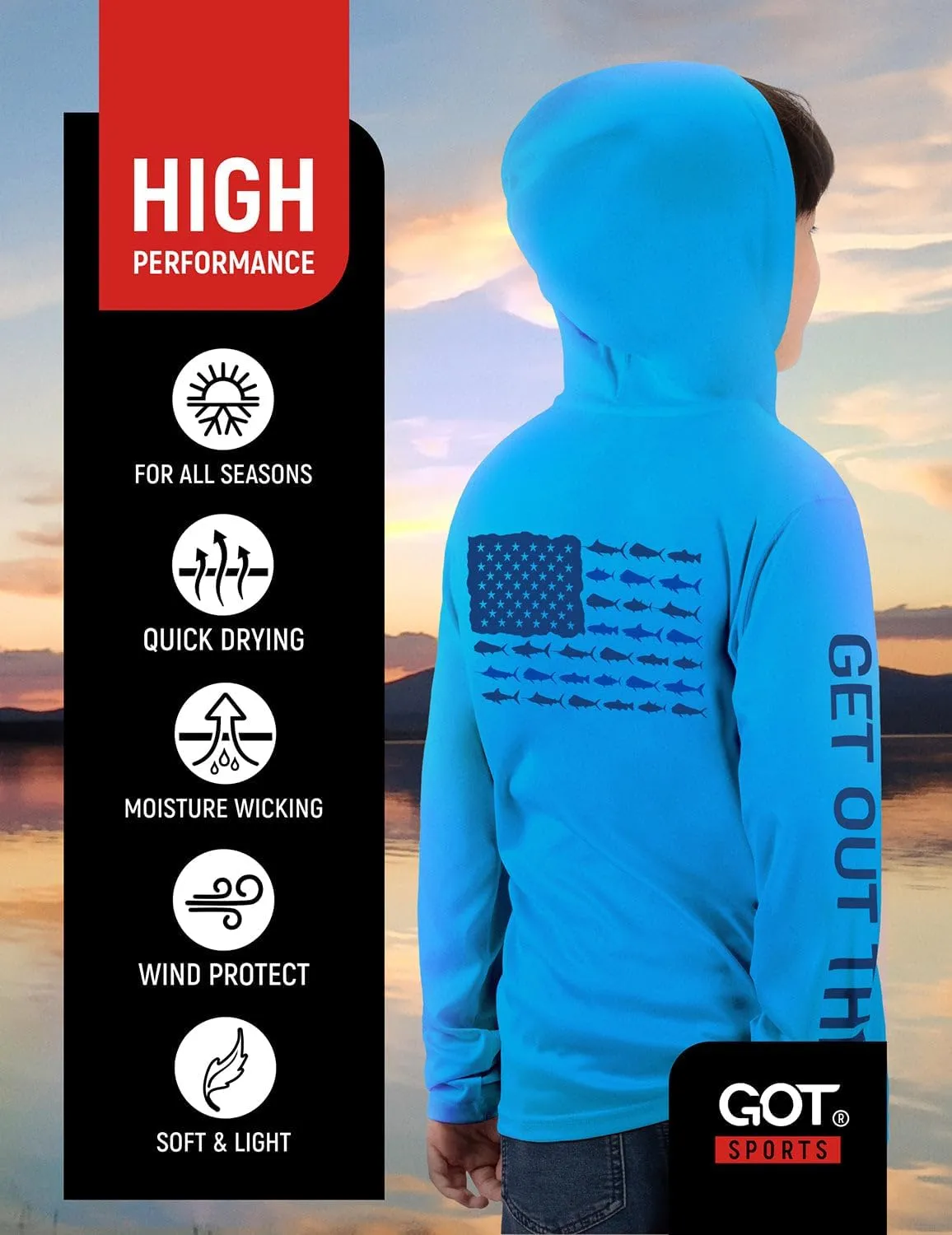 GOT Sports UPF 50  Kids Fishing Hoodie Shirt - UV Sun Protection Long Sleeve T Shirts for Youth Boys Girls