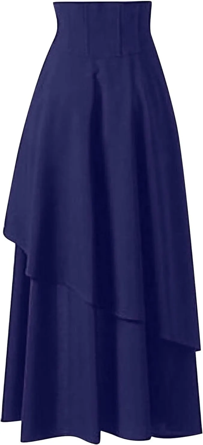 Gothic Lace Skirts for Women High Waisted Asymmetrical Hem Bohemian Midi Length Skirt with Adjustable Corset Tie