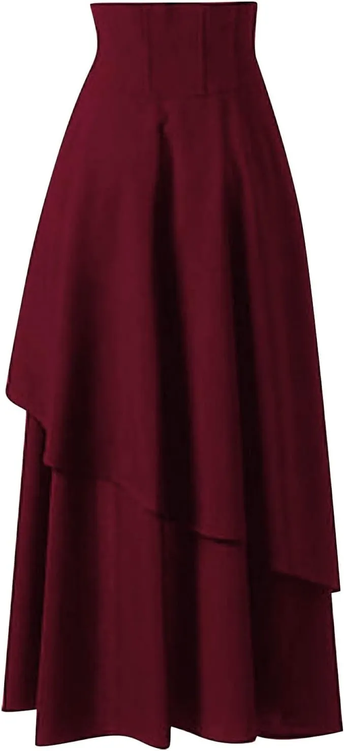 Gothic Lace Skirts for Women High Waisted Asymmetrical Hem Bohemian Midi Length Skirt with Adjustable Corset Tie