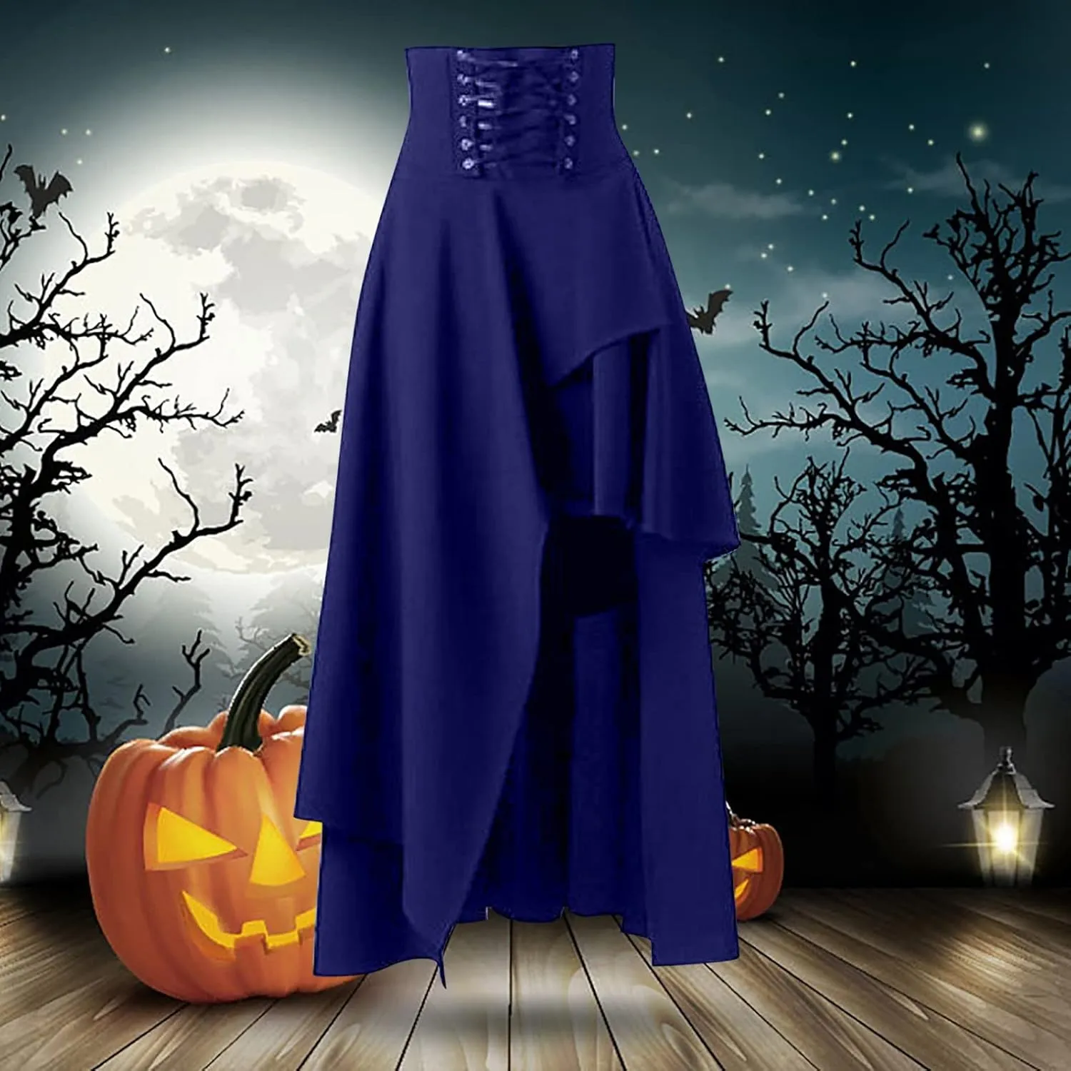 Gothic Lace Skirts for Women High Waisted Asymmetrical Hem Bohemian Midi Length Skirt with Adjustable Corset Tie