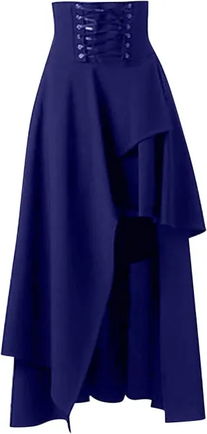 Gothic Lace Skirts for Women High Waisted Asymmetrical Hem Bohemian Midi Length Skirt with Adjustable Corset Tie