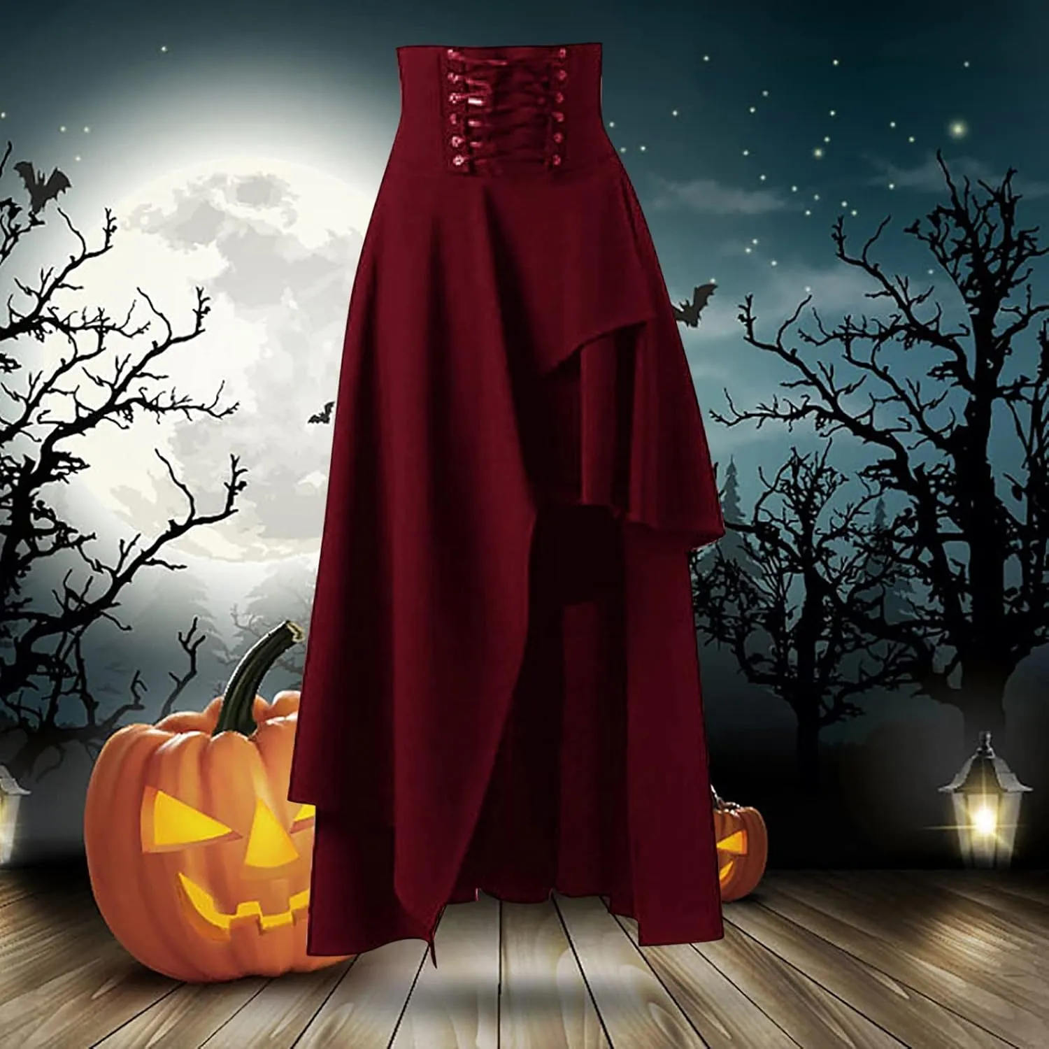 Gothic Lace Skirts for Women High Waisted Asymmetrical Hem Bohemian Midi Length Skirt with Adjustable Corset Tie