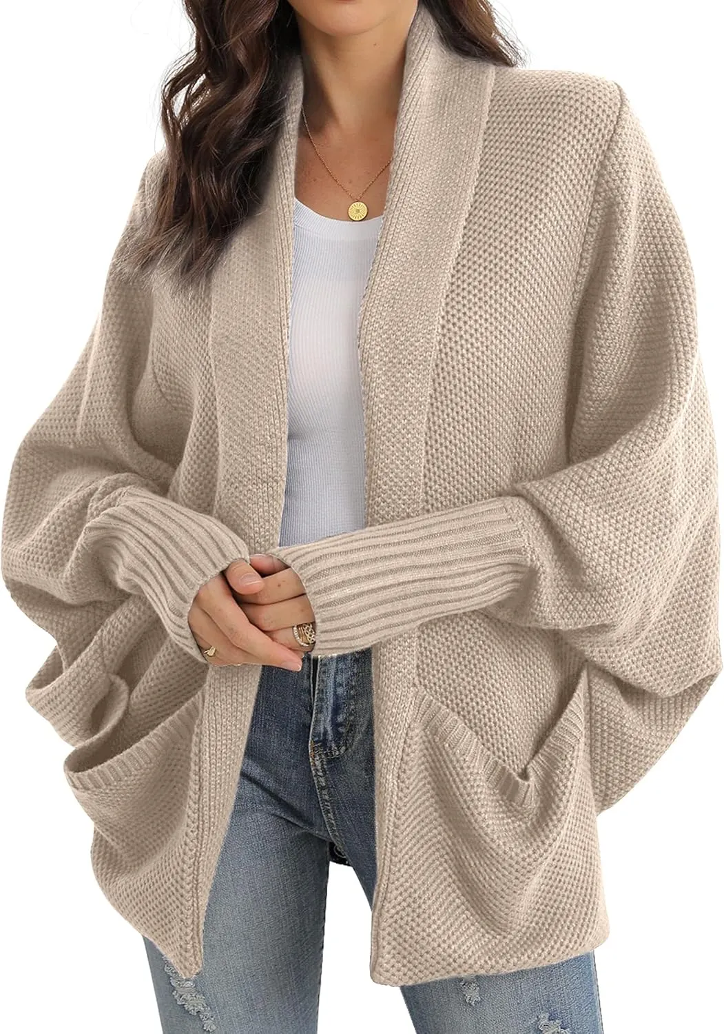 GRECERELLE Womens Batwing Sleeve Loose Open Front Casual Cardigan Long Sleeve Oversized Shawl Collar Sweater with Pockets