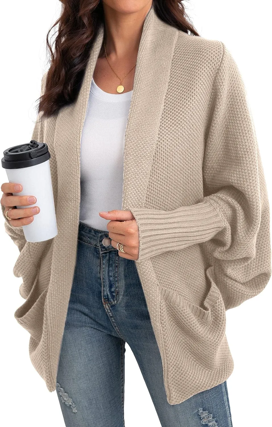 GRECERELLE Womens Batwing Sleeve Loose Open Front Casual Cardigan Long Sleeve Oversized Shawl Collar Sweater with Pockets
