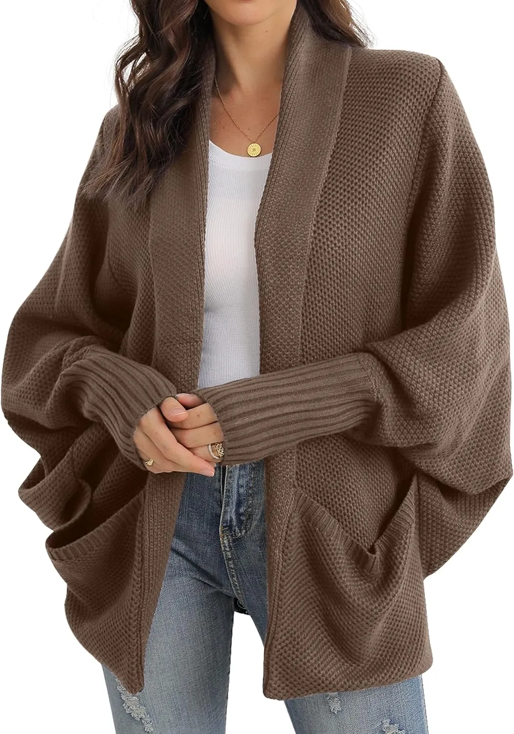 GRECERELLE Womens Batwing Sleeve Loose Open Front Casual Cardigan Long Sleeve Oversized Shawl Collar Sweater with Pockets