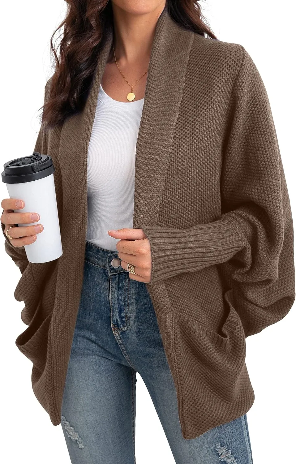GRECERELLE Womens Batwing Sleeve Loose Open Front Casual Cardigan Long Sleeve Oversized Shawl Collar Sweater with Pockets