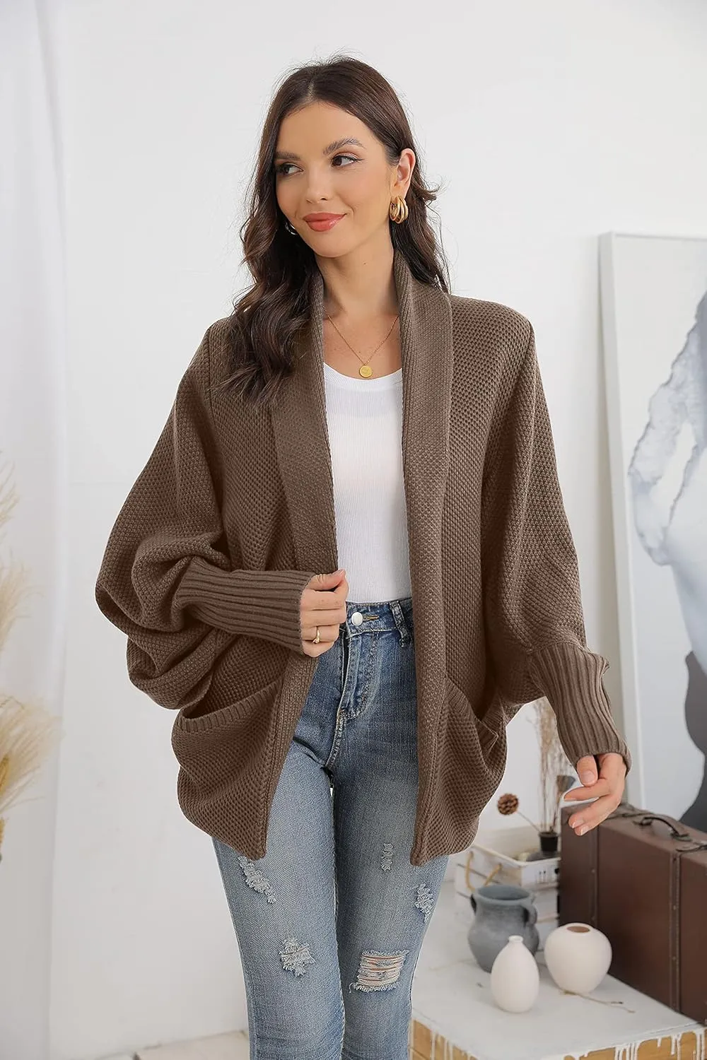 GRECERELLE Womens Batwing Sleeve Loose Open Front Casual Cardigan Long Sleeve Oversized Shawl Collar Sweater with Pockets