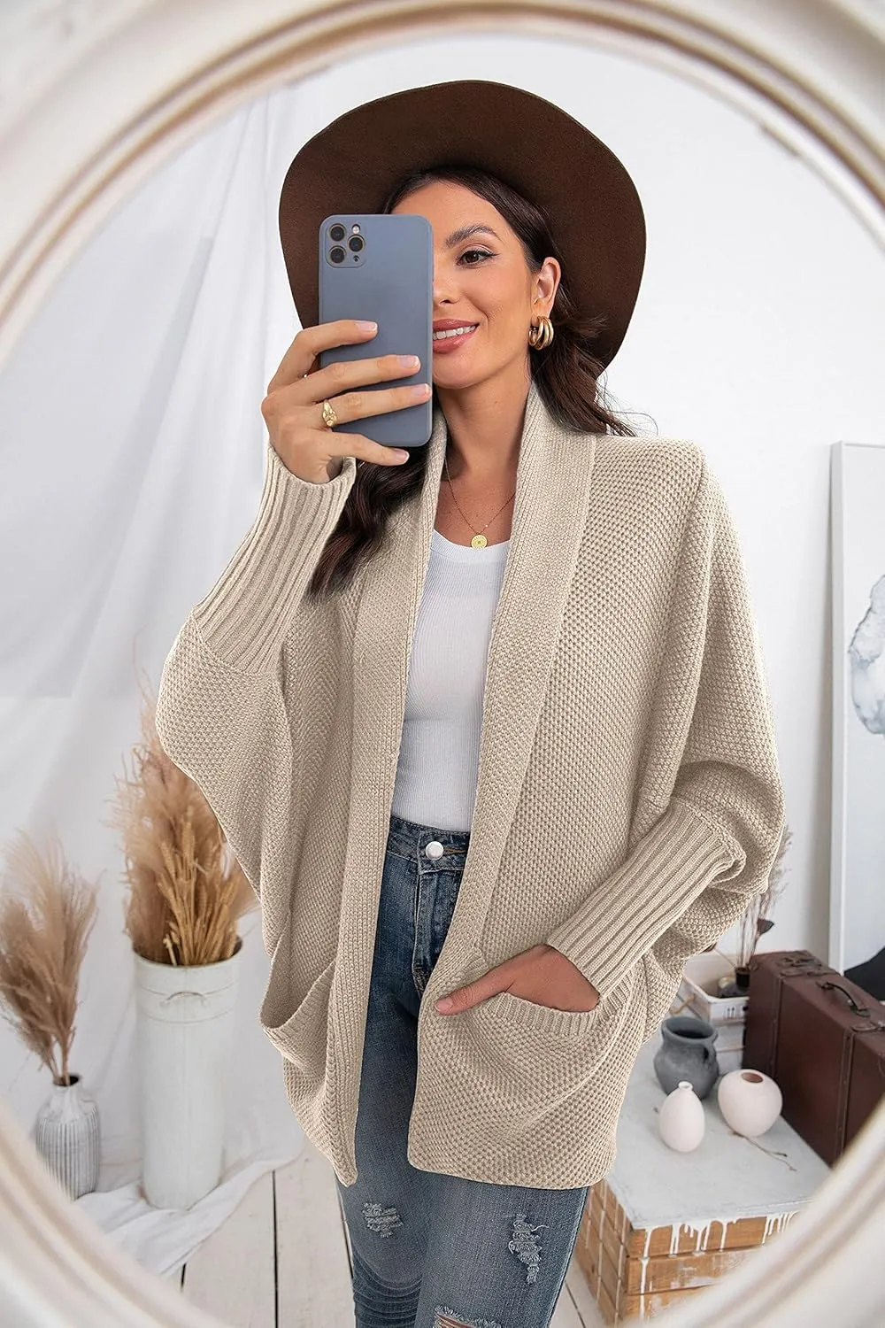 GRECERELLE Womens Batwing Sleeve Loose Open Front Casual Cardigan Long Sleeve Oversized Shawl Collar Sweater with Pockets