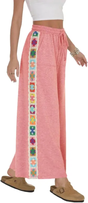 Haellun Womens Casual Comfy Pants High Waist Boho Wide Leg Cropped Palazzo Crochet Beach Pants with Pockets