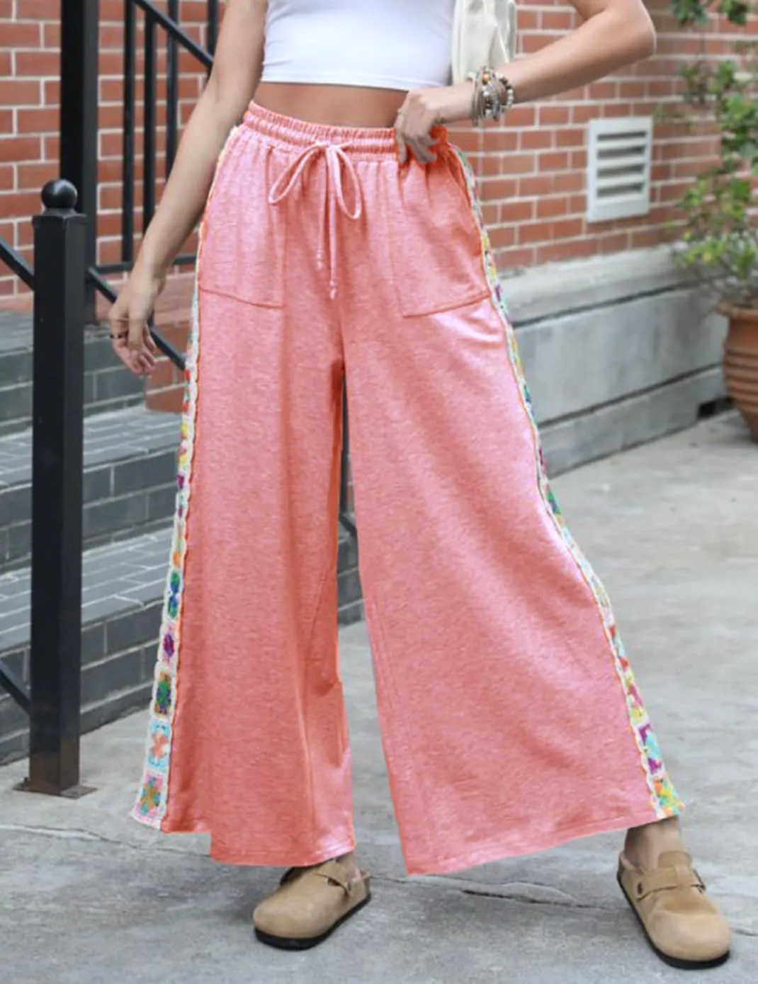 Haellun Womens Casual Comfy Pants High Waist Boho Wide Leg Cropped Palazzo Crochet Beach Pants with Pockets