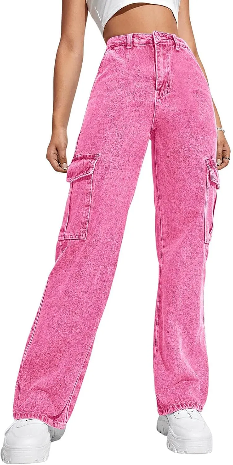 Haloumoning Girls Jeans Denim Elastic High Waisted Wide Leg Baggy Cargo Pants with Pockets 5-14 Years