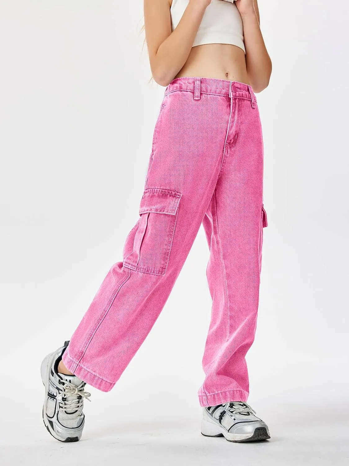 Haloumoning Girls Jeans Denim Elastic High Waisted Wide Leg Baggy Cargo Pants with Pockets 5-14 Years