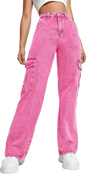 Haloumoning Girls Jeans Denim Elastic High Waisted Wide Leg Baggy Cargo Pants with Pockets 5-14 Years