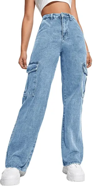 Haloumoning Girls Jeans Denim Elastic High Waisted Wide Leg Baggy Cargo Pants with Pockets 5-14 Years