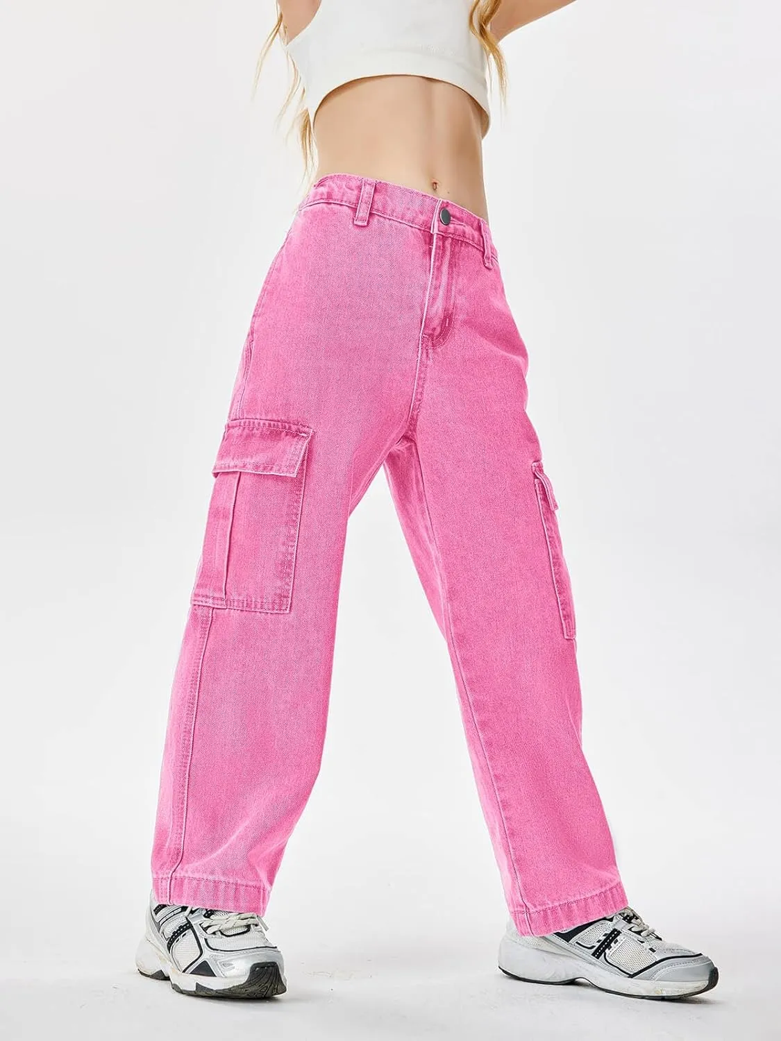 Haloumoning Girls Jeans Denim Elastic High Waisted Wide Leg Baggy Cargo Pants with Pockets 5-14 Years