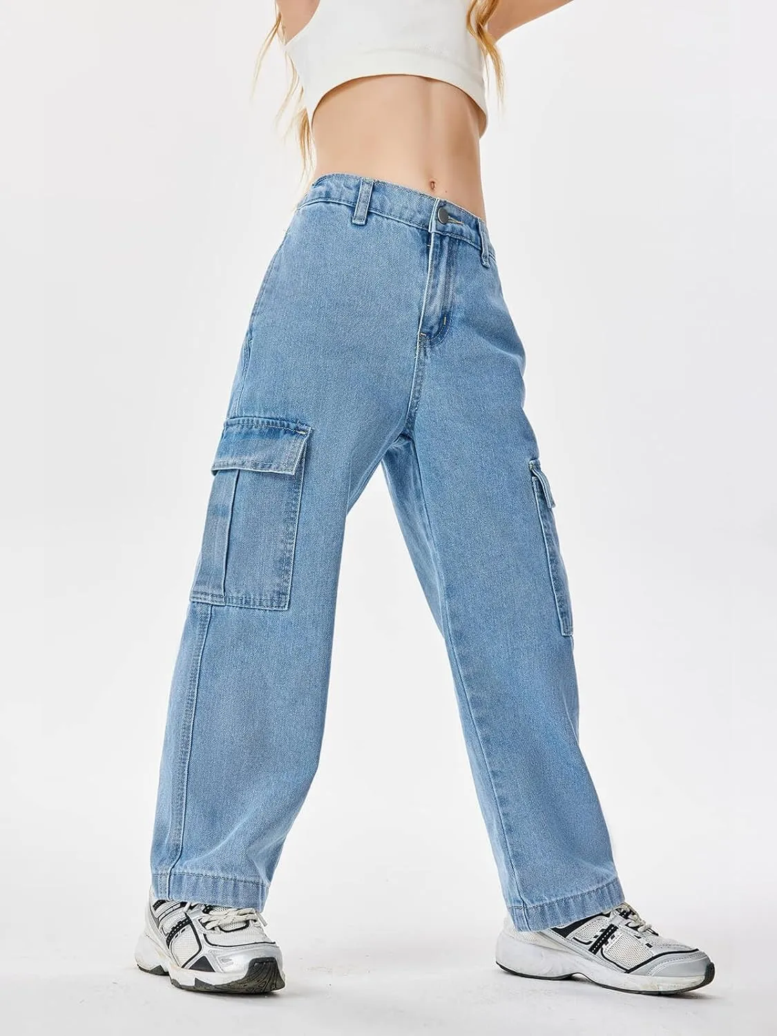 Haloumoning Girls Jeans Denim Elastic High Waisted Wide Leg Baggy Cargo Pants with Pockets 5-14 Years