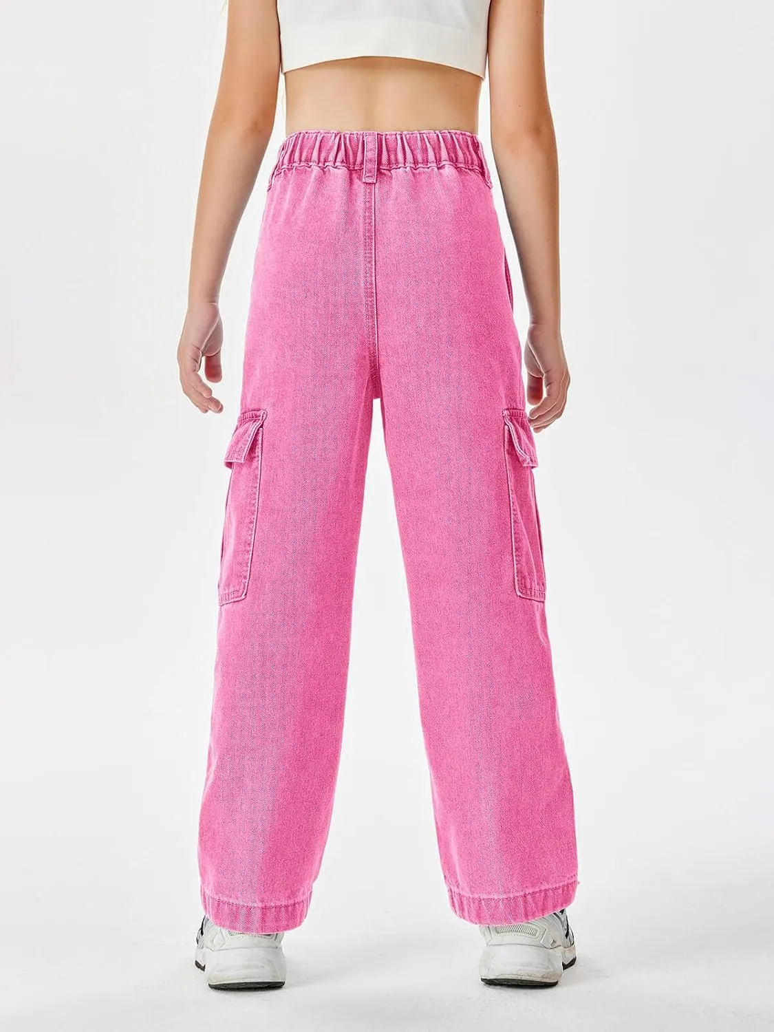 Haloumoning Girls Jeans Denim Elastic High Waisted Wide Leg Baggy Cargo Pants with Pockets 5-14 Years