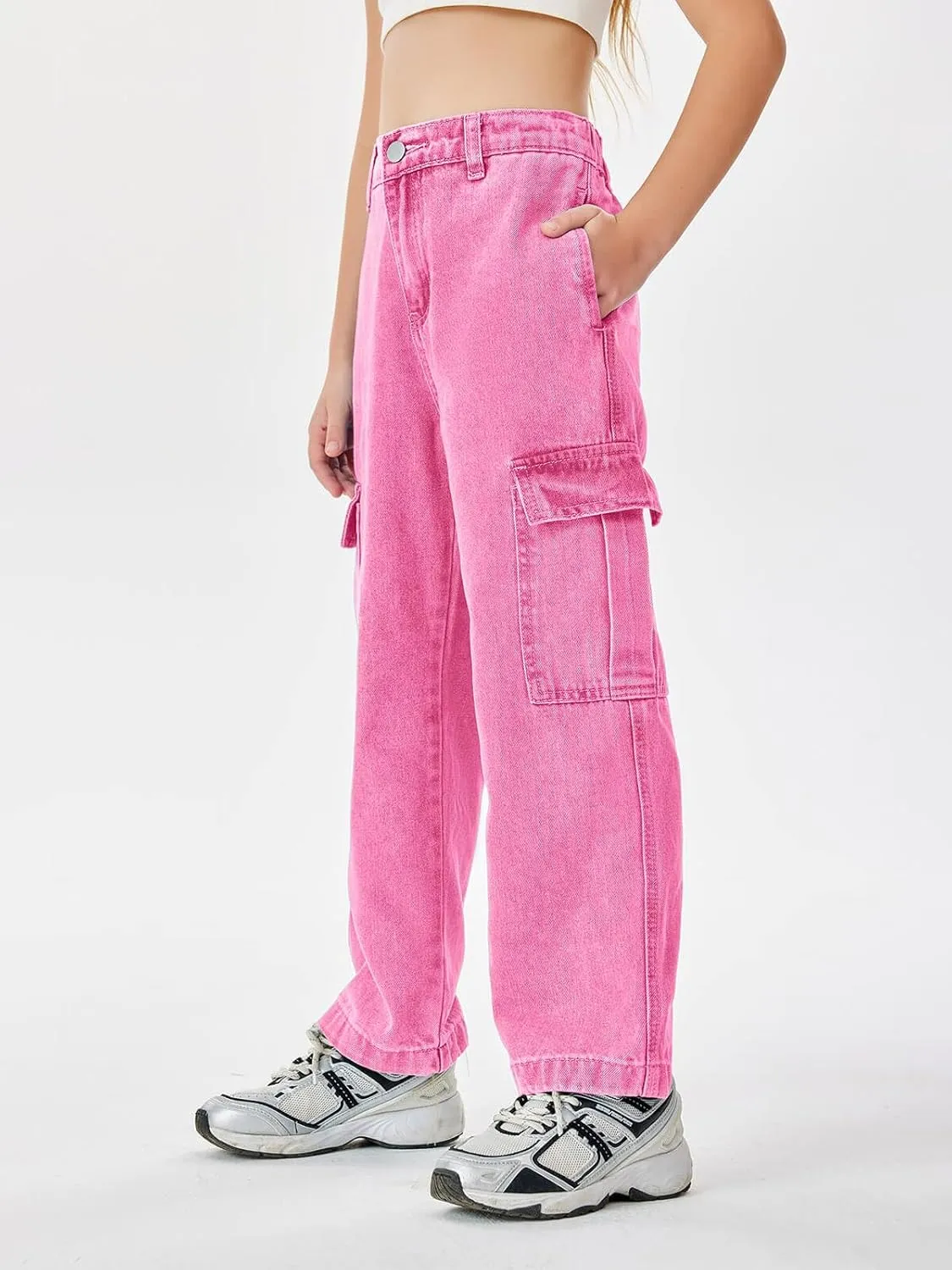 Haloumoning Girls Jeans Denim Elastic High Waisted Wide Leg Baggy Cargo Pants with Pockets 5-14 Years