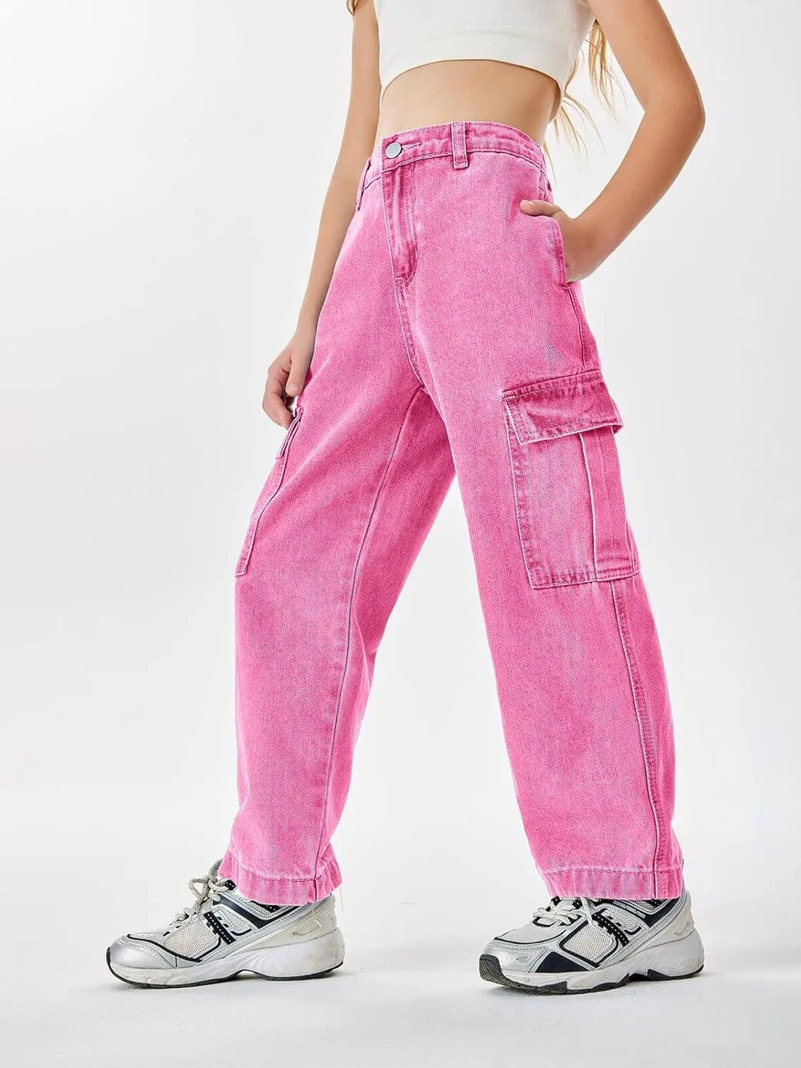 Haloumoning Girls Jeans Denim Elastic High Waisted Wide Leg Baggy Cargo Pants with Pockets 5-14 Years