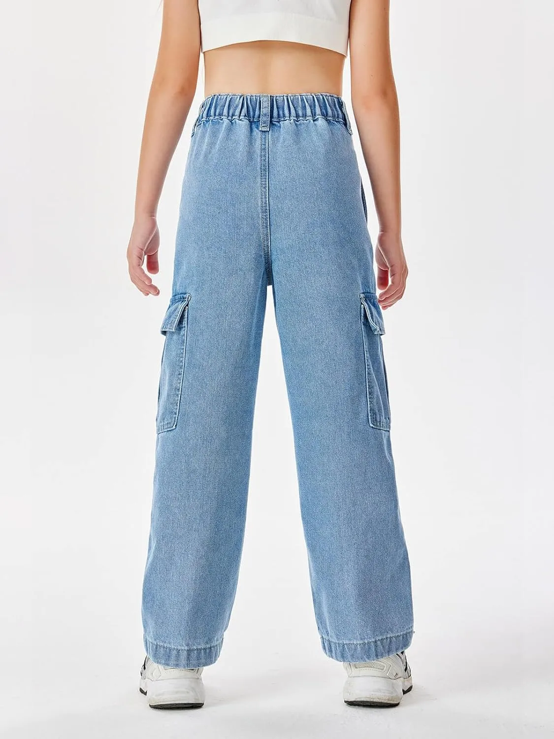 Haloumoning Girls Jeans Denim Elastic High Waisted Wide Leg Baggy Cargo Pants with Pockets 5-14 Years