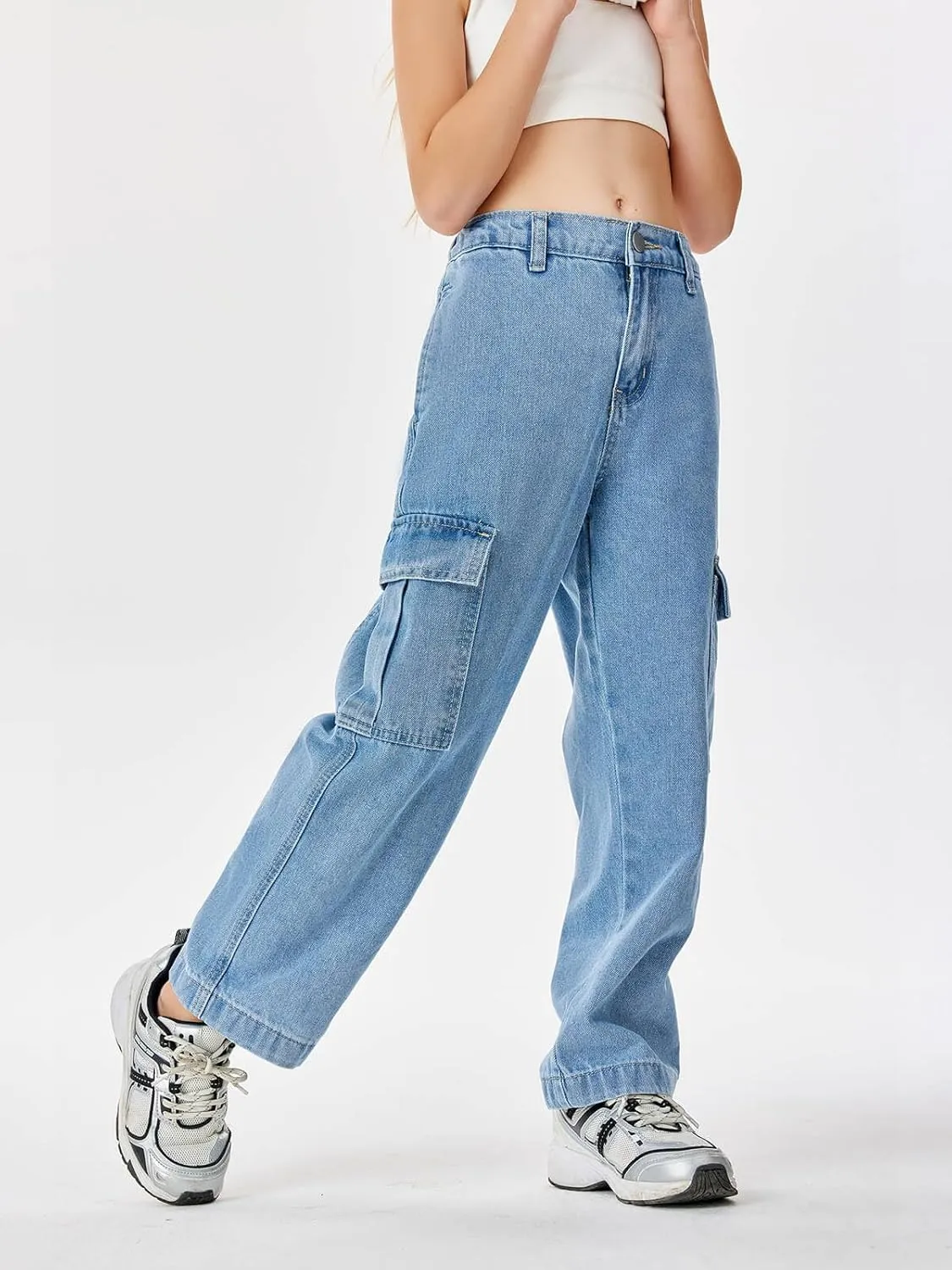 Haloumoning Girls Jeans Denim Elastic High Waisted Wide Leg Baggy Cargo Pants with Pockets 5-14 Years