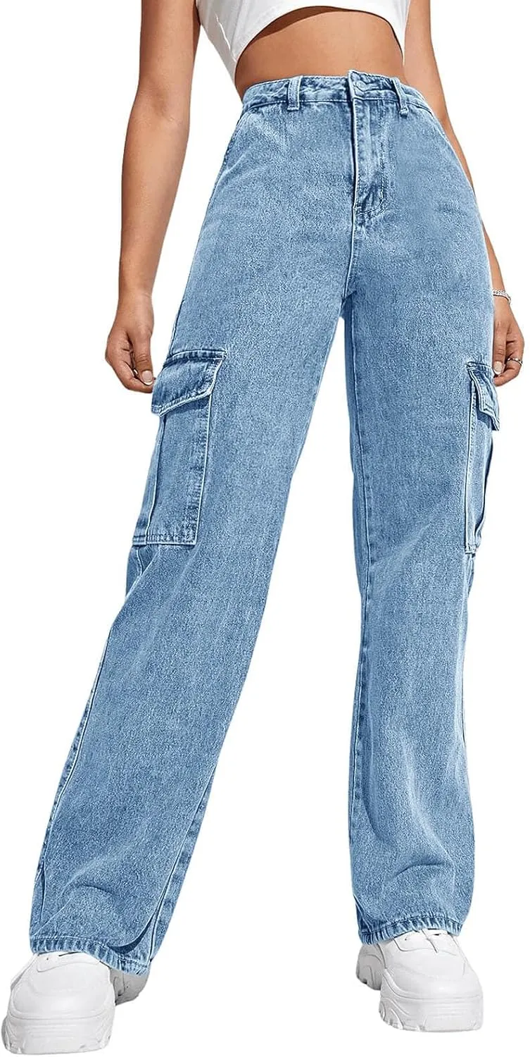 Haloumoning Girls Jeans Denim Elastic High Waisted Wide Leg Baggy Cargo Pants with Pockets 5-14 Years