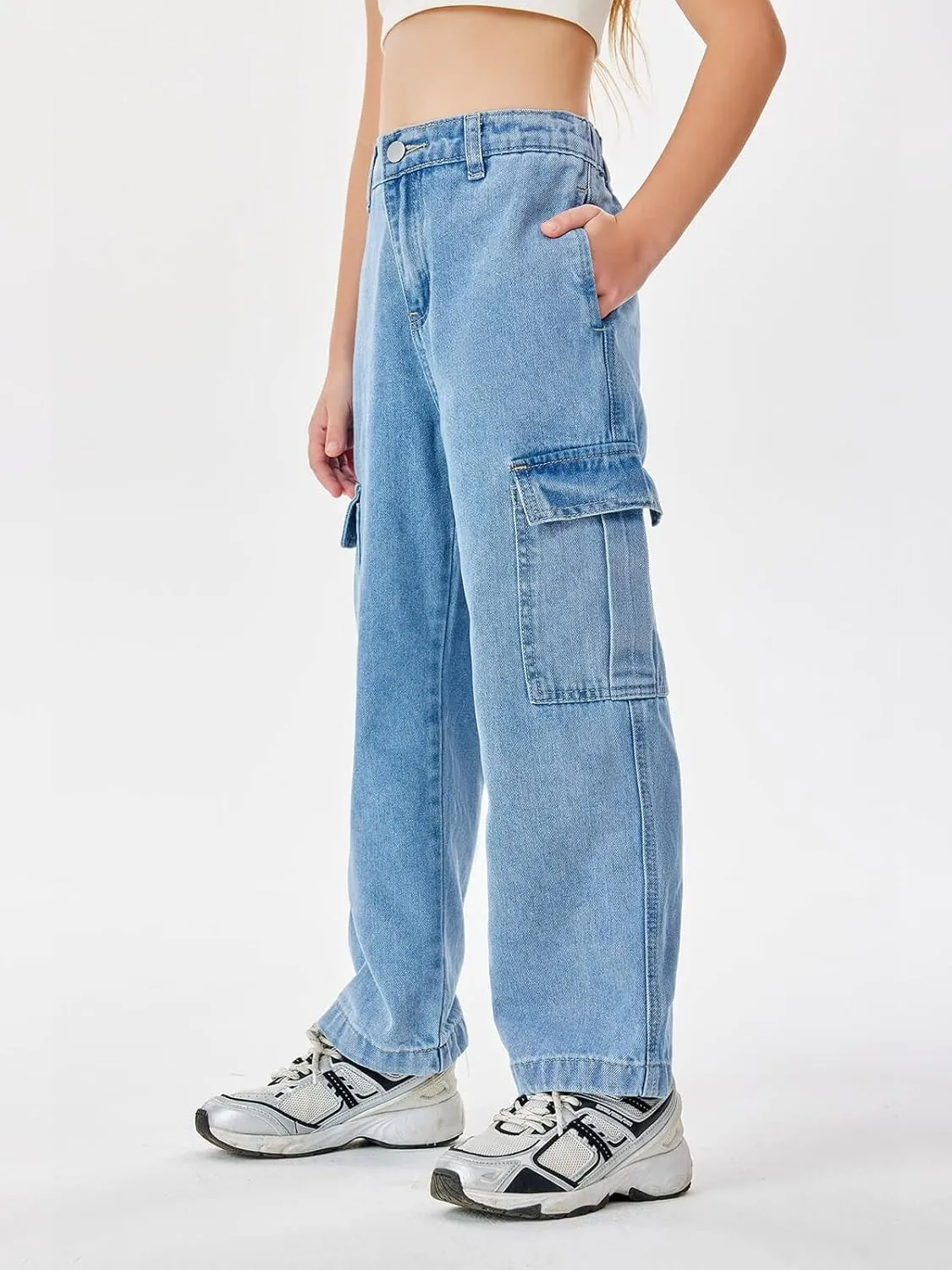 Haloumoning Girls Jeans Denim Elastic High Waisted Wide Leg Baggy Cargo Pants with Pockets 5-14 Years