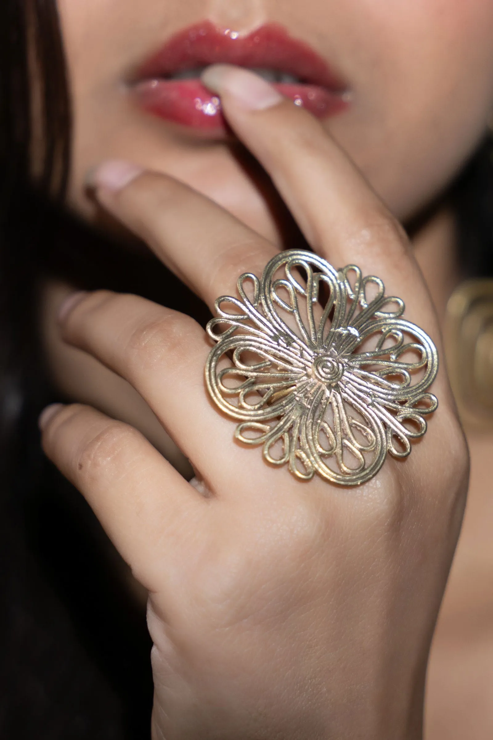Handmade Floral Motif Dokra Brass Adjustable Finger Ring - Unique Intricate Artisanal Jewelry