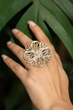 Handmade Floral Motif Dokra Brass Adjustable Finger Ring - Unique Intricate Artisanal Jewelry