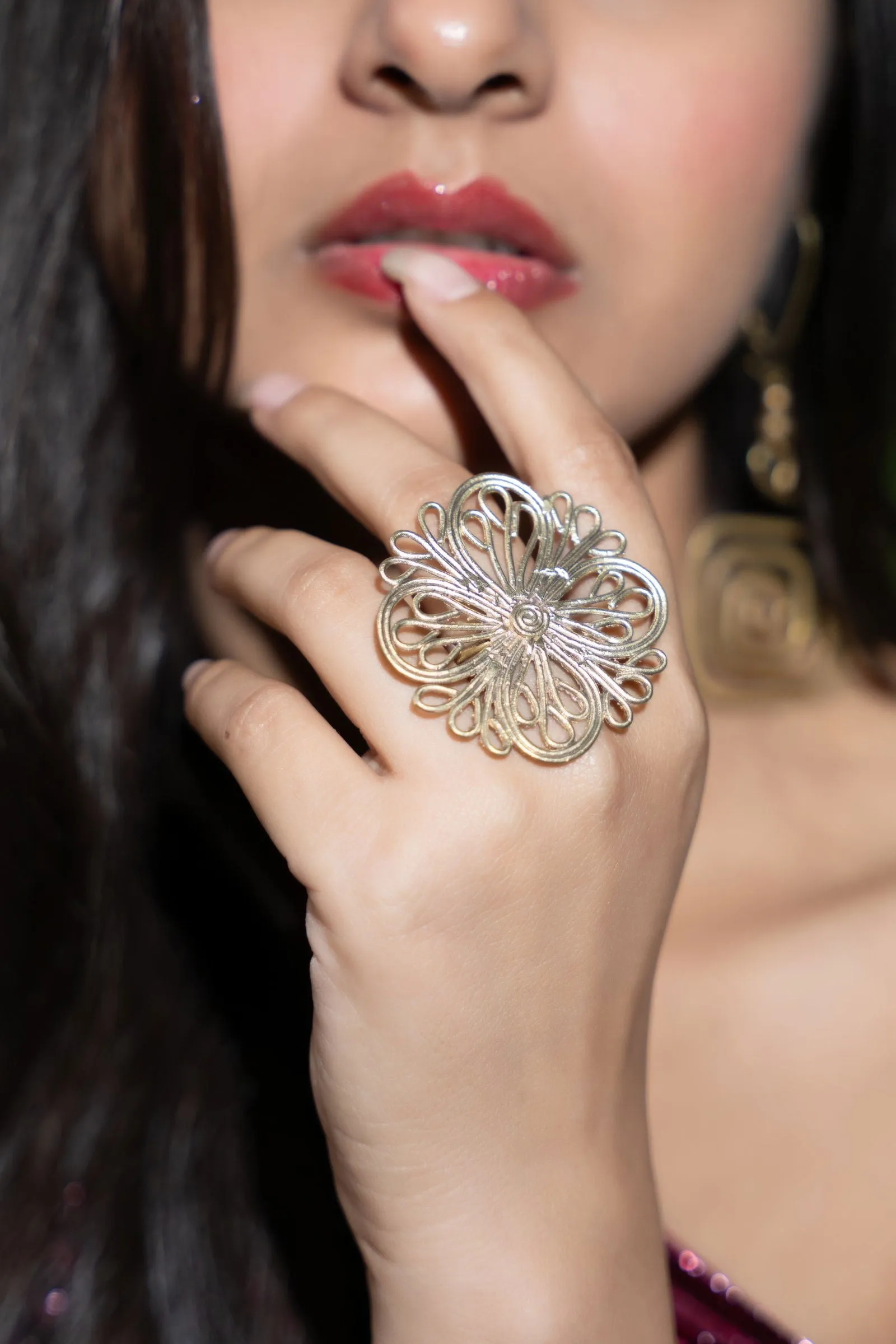 Handmade Floral Motif Dokra Brass Adjustable Finger Ring - Unique Intricate Artisanal Jewelry