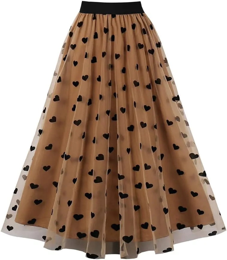 Heart Floral Long Tulle Skirts for Women Fairy Elastic High Waist Pleated A-Line Flared Midi Skirts Party Evening Tutu Skirt