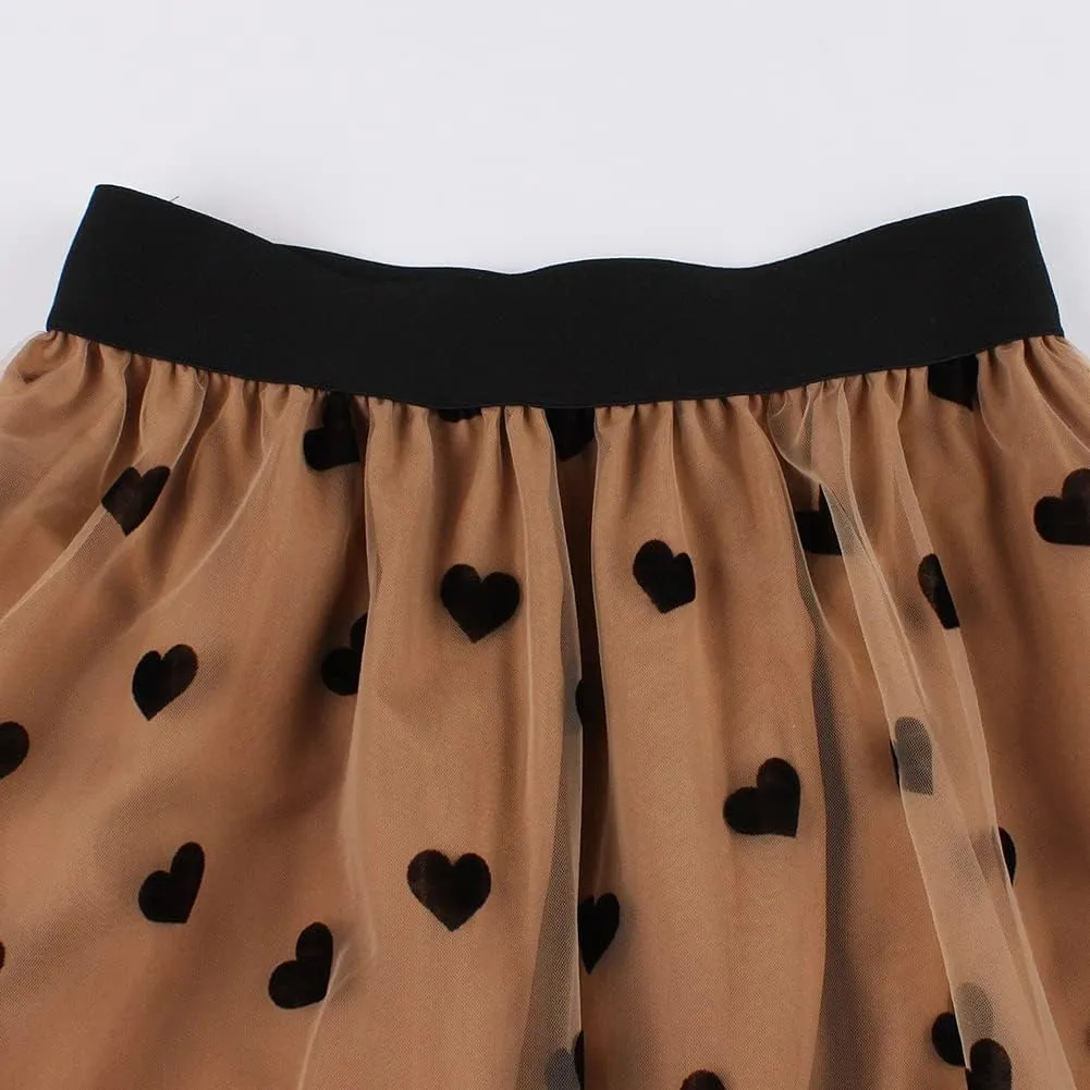 Heart Floral Long Tulle Skirts for Women Fairy Elastic High Waist Pleated A-Line Flared Midi Skirts Party Evening Tutu Skirt