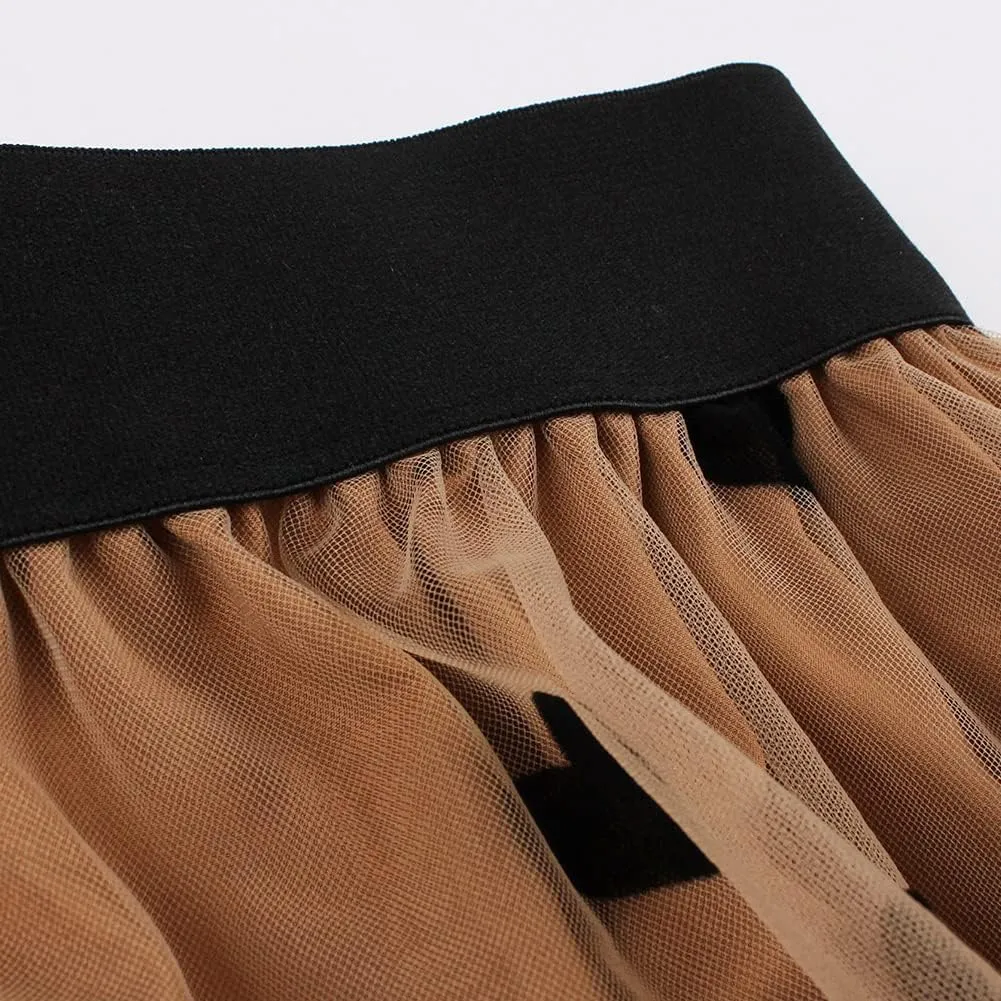 Heart Floral Long Tulle Skirts for Women Fairy Elastic High Waist Pleated A-Line Flared Midi Skirts Party Evening Tutu Skirt