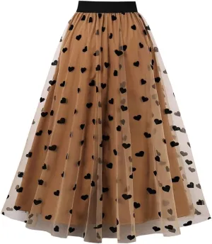 Heart Floral Long Tulle Skirts for Women Fairy Elastic High Waist Pleated A-Line Flared Midi Skirts Party Evening Tutu Skirt