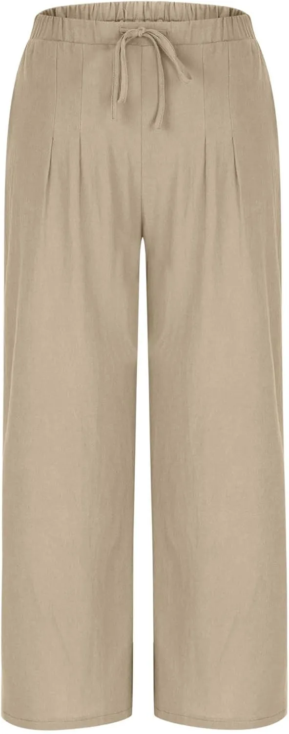 High Waisted Linen Pants for Women Wide Leg Drawstring Comfy Dressy Casual Trousers with Pockets Summer Beach Outfits