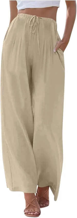 High Waisted Linen Pants for Women Wide Leg Drawstring Comfy Dressy Casual Trousers with Pockets Summer Beach Outfits