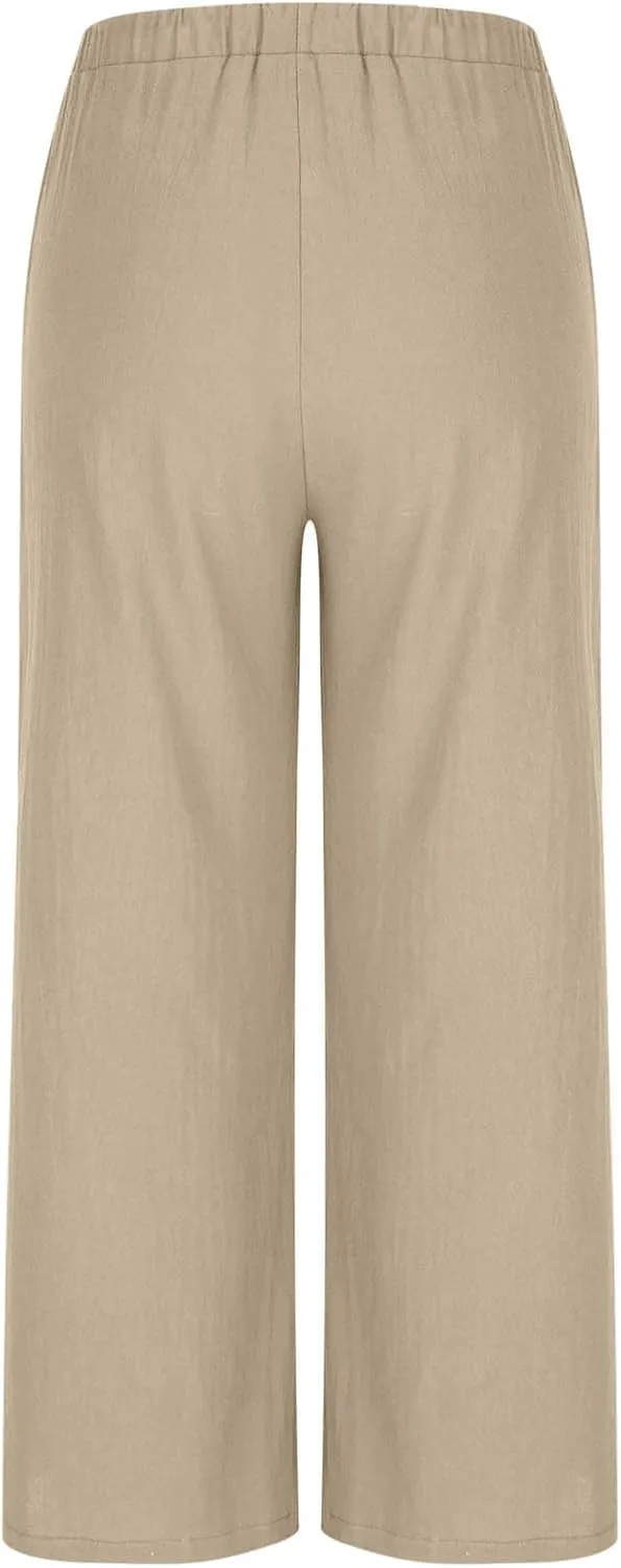High Waisted Linen Pants for Women Wide Leg Drawstring Comfy Dressy Casual Trousers with Pockets Summer Beach Outfits