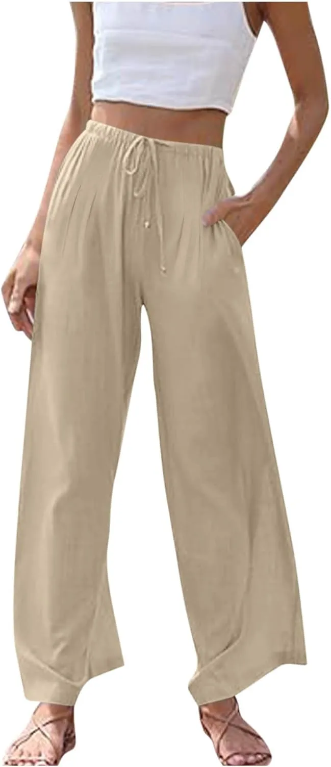 High Waisted Linen Pants for Women Wide Leg Drawstring Comfy Dressy Casual Trousers with Pockets Summer Beach Outfits