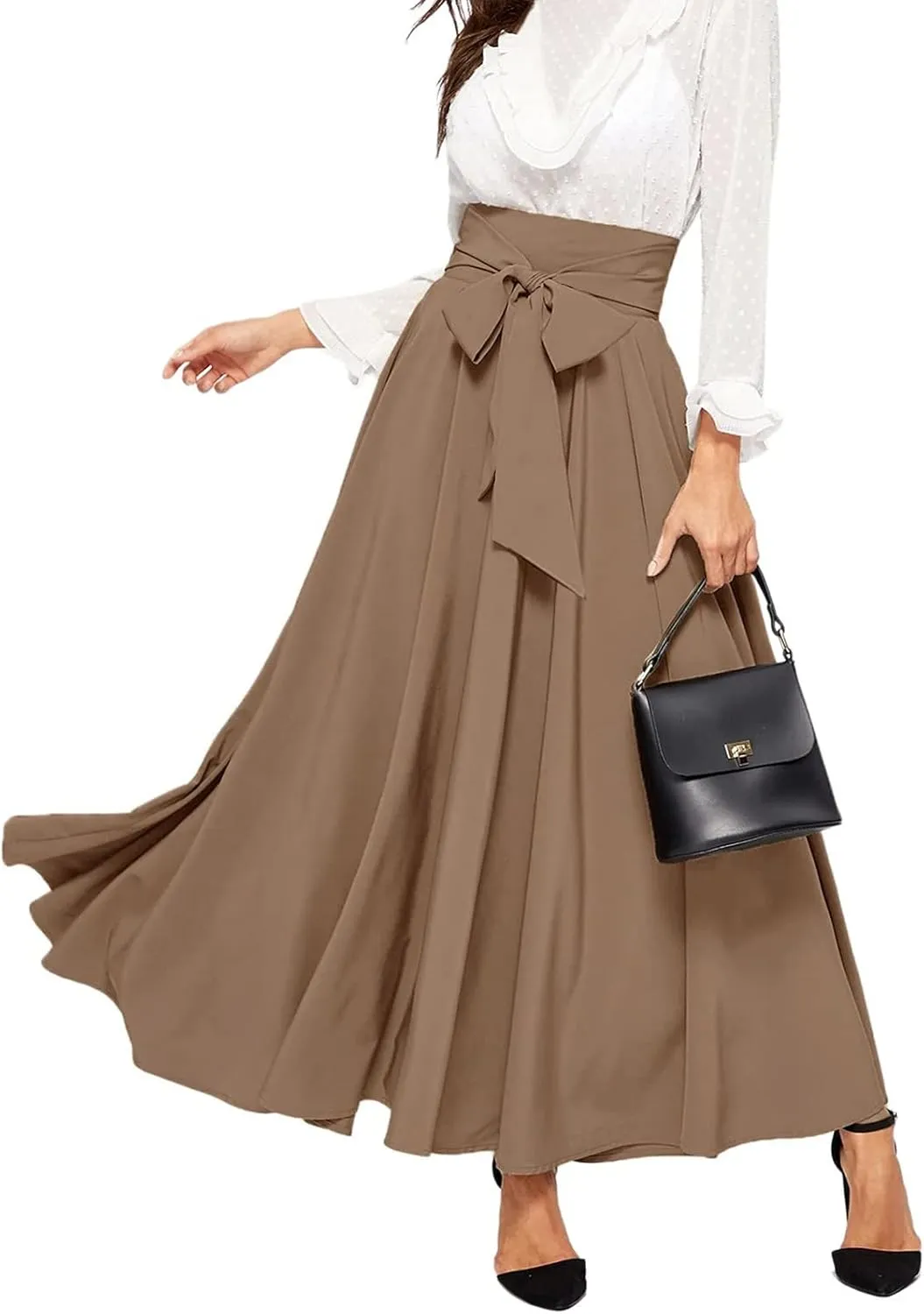 High Waisted Skirts for Women Asymmetrical Draped Hem Flowy Midi Length Bohemian Skirt with Adjustable Waist Tie