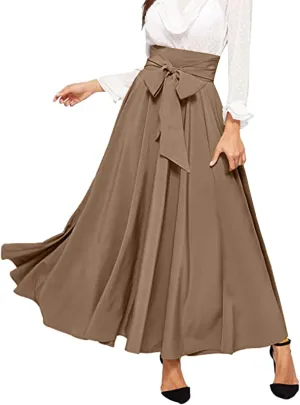 High Waisted Skirts for Women Asymmetrical Draped Hem Flowy Midi Length Bohemian Skirt with Adjustable Waist Tie