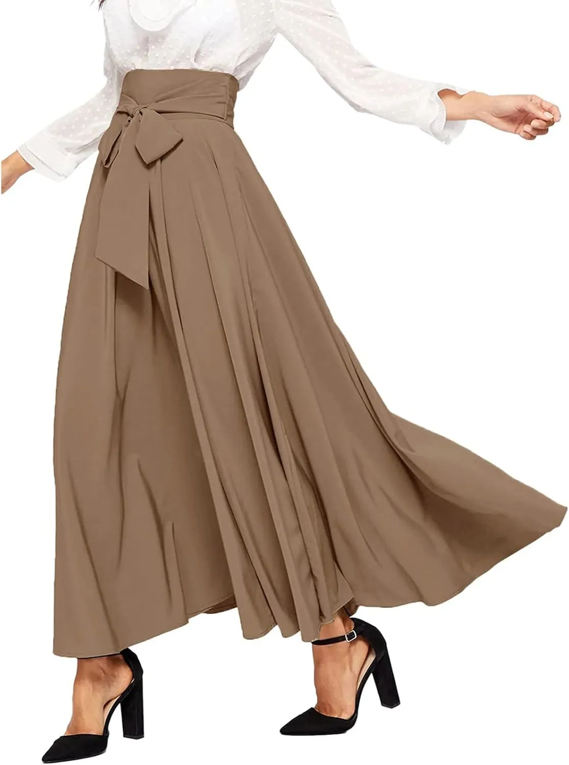 High Waisted Skirts for Women Asymmetrical Draped Hem Flowy Midi Length Bohemian Skirt with Adjustable Waist Tie