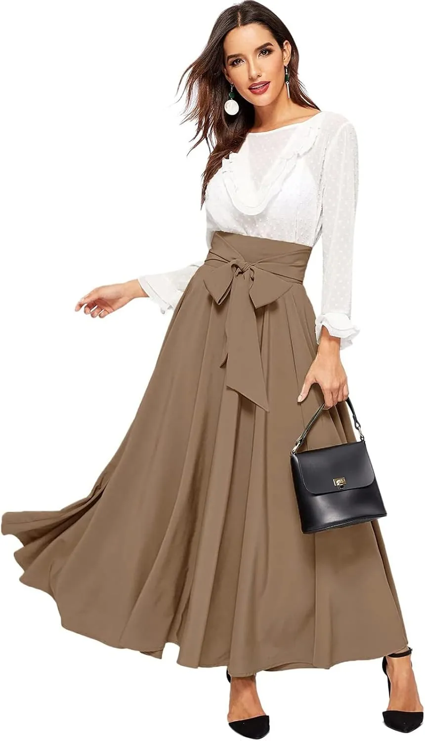 High Waisted Skirts for Women Asymmetrical Draped Hem Flowy Midi Length Bohemian Skirt with Adjustable Waist Tie