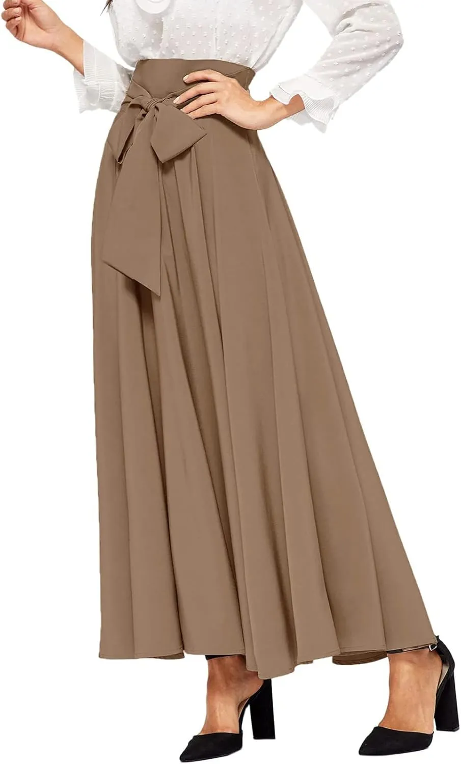 High Waisted Skirts for Women Asymmetrical Draped Hem Flowy Midi Length Bohemian Skirt with Adjustable Waist Tie