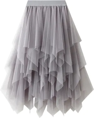 High Waisted Skirts for Women Elegant Peplum Sheer Mesh Bohemian Midi Length Flowy Skirt Petal-Like Layered