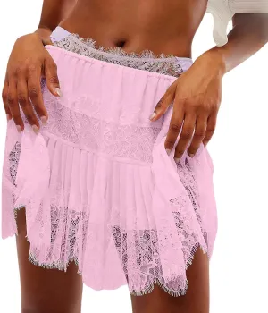 High Waisted Skirts for Women Lace Trim Midi Length Bohemian Casual Skirt with Asymmetrical Hem and Elastic Waist