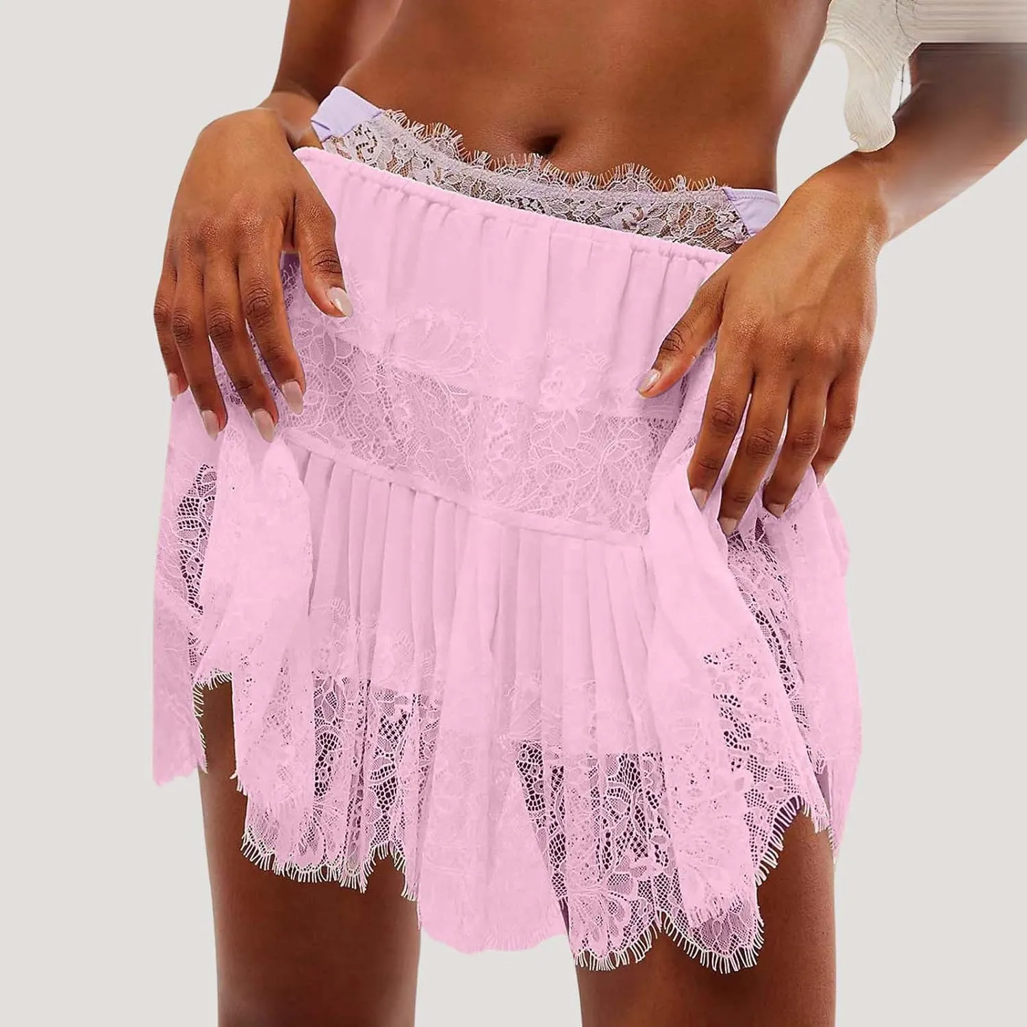High Waisted Skirts for Women Lace Trim Midi Length Bohemian Casual Skirt with Asymmetrical Hem and Elastic Waist