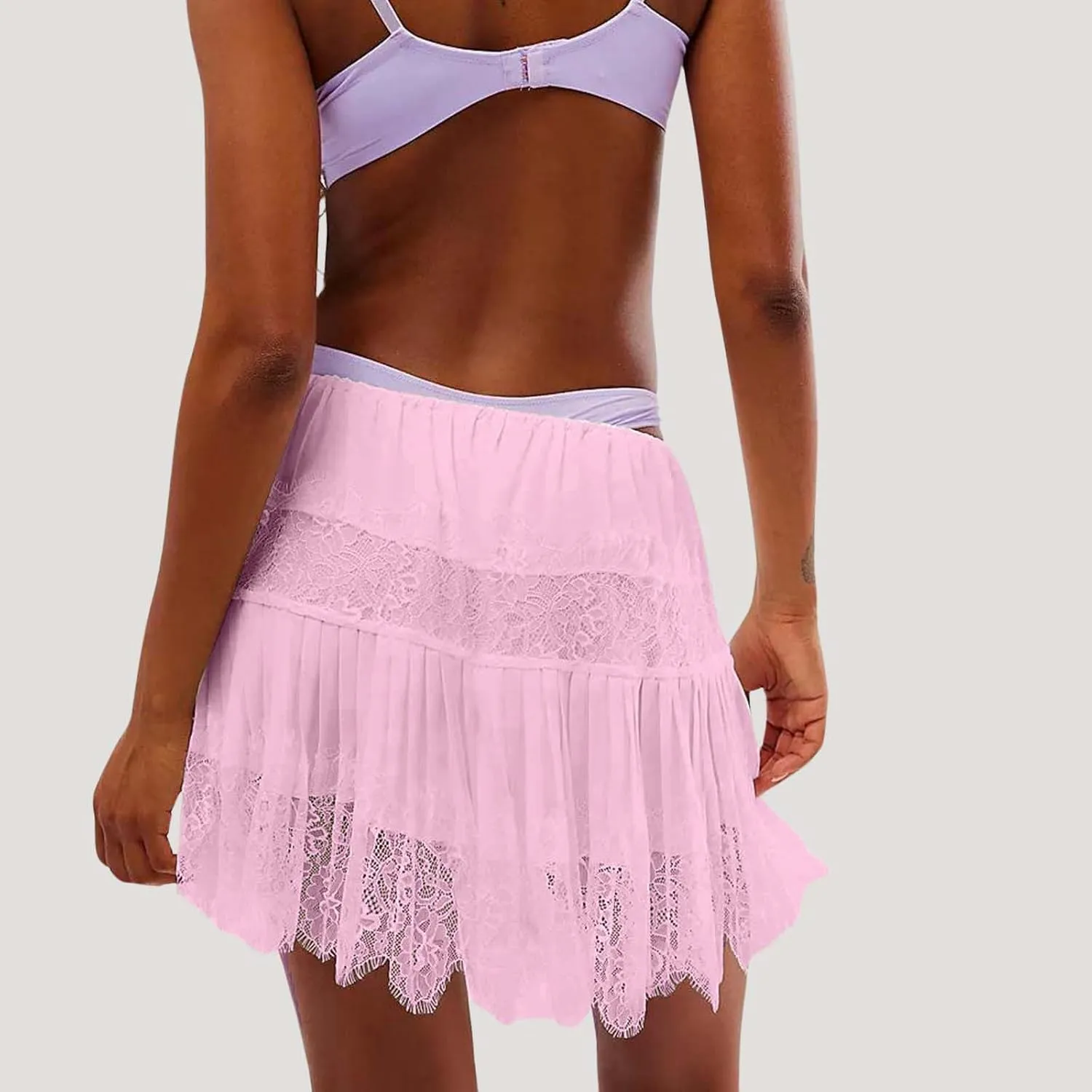 High Waisted Skirts for Women Lace Trim Midi Length Bohemian Casual Skirt with Asymmetrical Hem and Elastic Waist