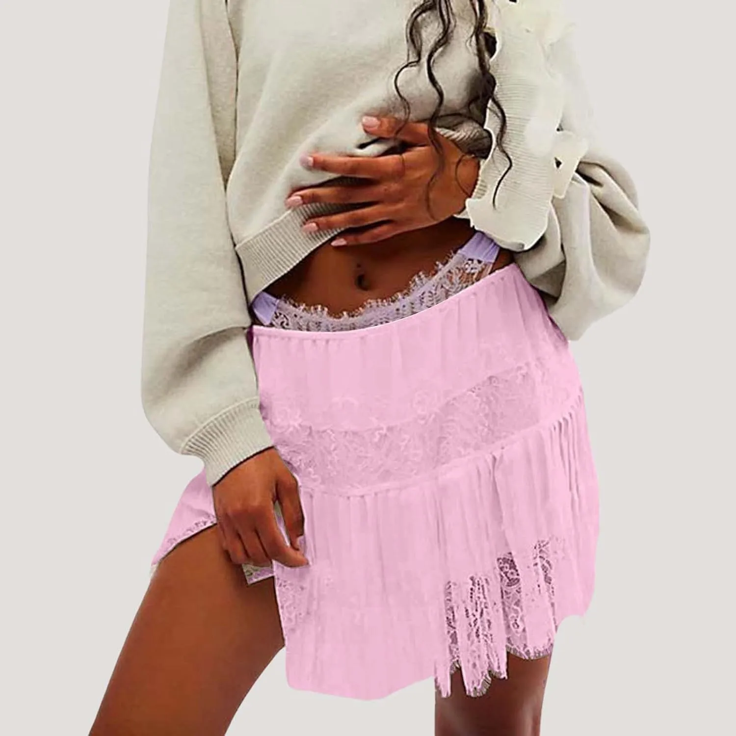 High Waisted Skirts for Women Lace Trim Midi Length Bohemian Casual Skirt with Asymmetrical Hem and Elastic Waist